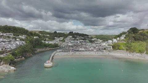 Beach and Cliffs over Looe Bay from a drone, Looe, River Looe, Cornwall, Stock Footage 342187948