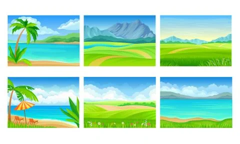 Beach and Mountain Scenes and Landscapes Vector Set Illustrazione stock