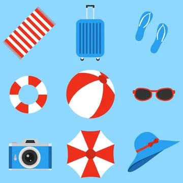 Beach and travel accessories vector set. Flat icons for summer vacation. Stock Illustration