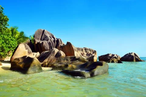 Beach Anse Source d'Argent in La Digue Island, Indian Ocean, Seychelles. Stock Photos