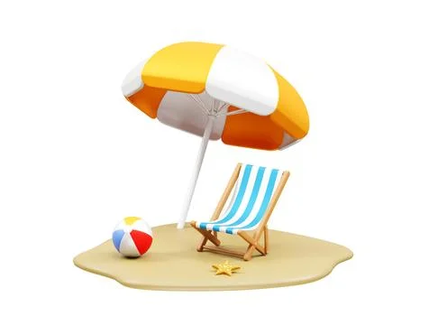 Beach area icon. 3d render beach with parasol, Stock Illustration