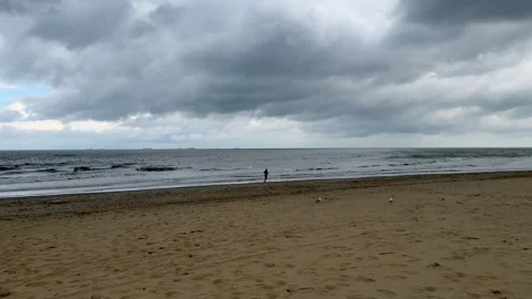 Beach in autumn with gray sky and two people running in the background Stock Footage 322909131