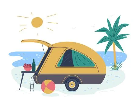 Beach backdrop with travel van or RV camper, flat vector illustration isolated. Illustrazione stock