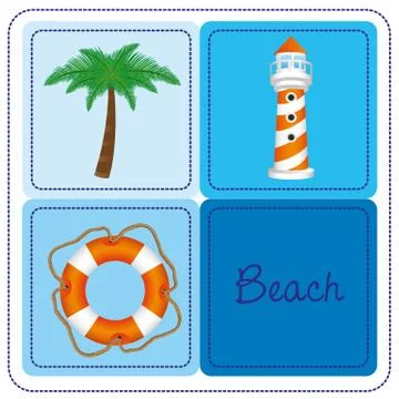 Beach background elements colored background, contains palm, float, and lamp, Stock Illustration