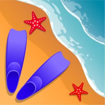 Beach background. Flippers and starfish on the sand. Sea shore. Flat style Stock Illustration