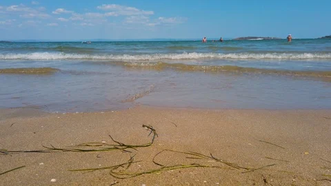 Beach background. Happy kid play in the sea. Video stock 114432738