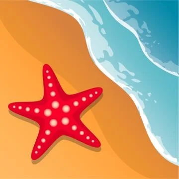 Beach background. Sea shore. The waves and sand. Starfish. Vector Image. Stock Illustration