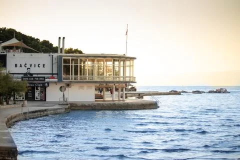 Beach "Bacvice" in Split, Croatia. Building of the local nightclub Tropic in  Stock Photos