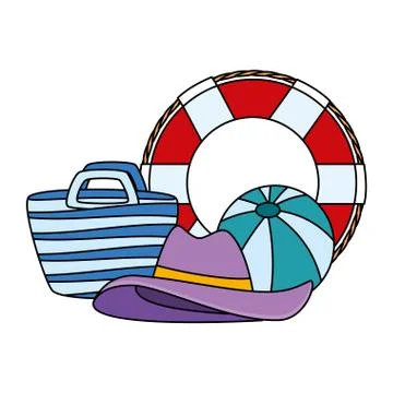 Beach bag and float with summer icons Illustrazione stock