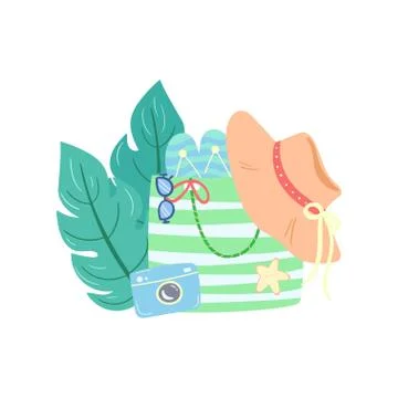Beach bag with hat, camera, slippers. Summer vacation concept. Vector. Stock Illustration