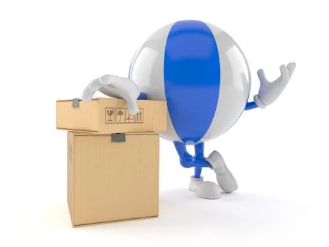 Beach ball character with stack of boxes Ilustración de archivo