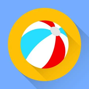 Beach ball flat icon with long shadow on yellow circle vector summer Illustrazione stock