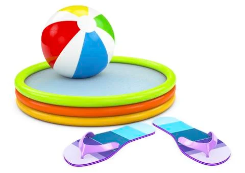 Beach ball, infatable pool with flip flops on white background Stock Illustration