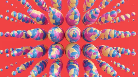 Beach Balls in abstract 3d grid on a red background. Geometric design Stock Footage 280106591