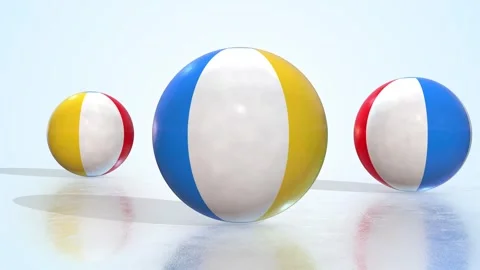 Beach Balls on a Light Reflective Floor. Stylized Beach Balls 3D Animation. 4K Stock Footage 303363893