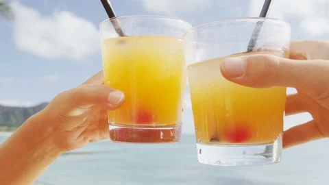 Beach bar party drinking friends toasting Mai Tai Video stock 88256221