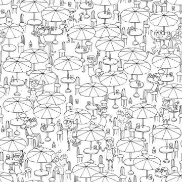 Beach bar seamless pattern in black and white Stock Illustration