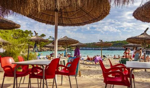 Beach bar ses Fonts de nAls bay Mallorca Spain. Stock Photos