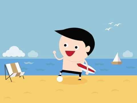 Beach with a beach bed, a boy and a boat, vector Stock Illustration