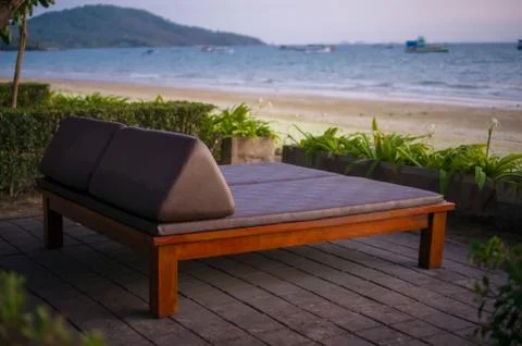 Beach bed on sunset in evening Foto stock