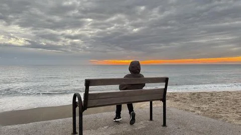 Beach bench contemplation Stock-Fotos