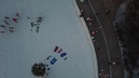 Beach Boardwalk Crowded at Sunset Drone Shot Stock Footage 88414780