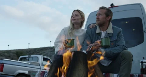 Beach Bonfire with Couple Stock Footage 192356051