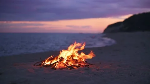 Beach Bonfire selective focus with Beautiful Sunset or sunrise nobody Stock Footage 229698745