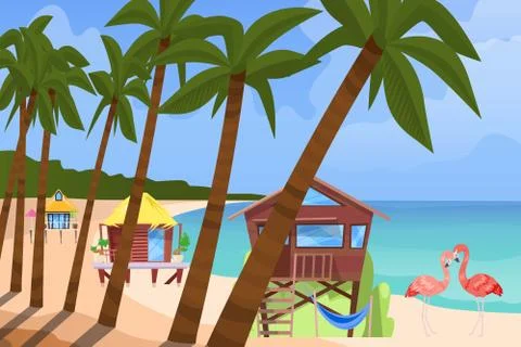 Beach bugalow, home background, vector illustration. Summer travel in house Stock Illustration