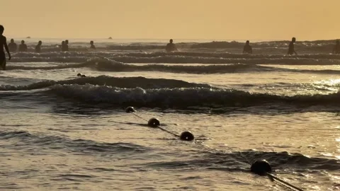 Beach Buoy Line Separating Swimming Zone from Rip Current for tourists Stock Footage 342472100
