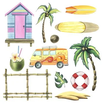 Beach cabin with surf machine, palm trees and surfboards. Watercolor Stock-Illustration