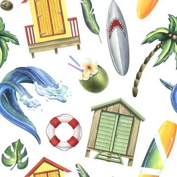Beach cabins, surfboards, palm trees, flowers, coconuts, wave. Watercolor Stock Illustration