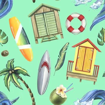 Beach cabins, surfboards, palm trees, flowers, coconuts, wave. Watercolor Stock Illustration