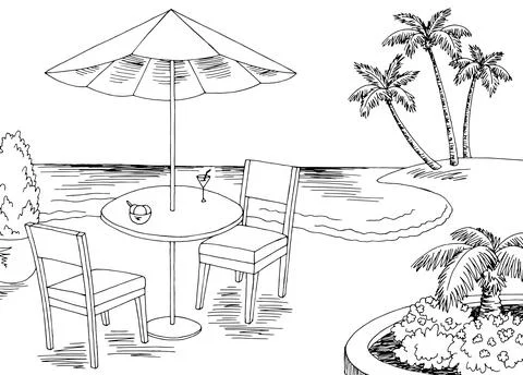 Beach cafe graphic black white landscape sketch illustration vector Stock Illustration