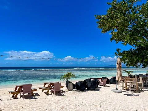 Beach cafe with oceanview in Seychelles Stock Photos