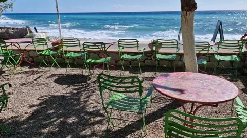 Beach cafe  overlooking Argolis bay, Peloponnese, Greece Stock Footage 289875338