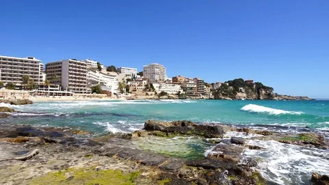 Beach of Cala Major on Majorca island, Spain Mediterranean Sea Stock Footage 100681480