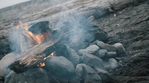 Beach camp fire in fire pit on pacific northwest beach Stock Footage 96083556