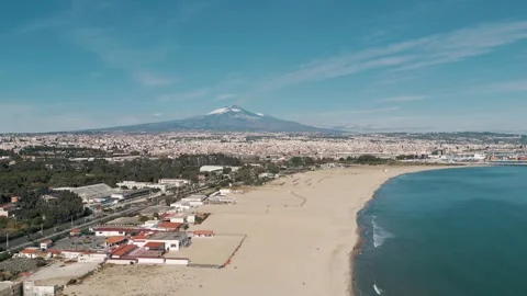 Beach in Catania, view of the Etna volcano, aerial shot Stock Footage 259342144