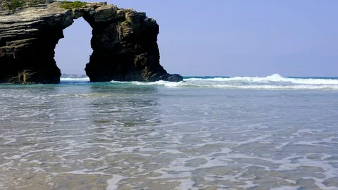 Beach of the Cathedrals. Natural arch at Las Catedrales beach, Spain Stock Footage 88104331