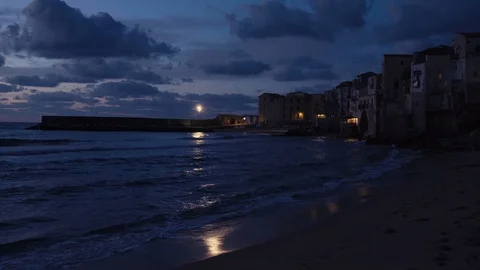Beach in Cefalu at night Stock Footage 88513872