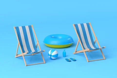 Beach chair with inflatable ring and beach ball on blue background. Stockillustratie