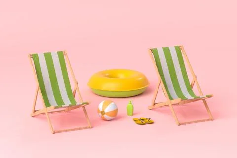 Beach chair with inflatable ring and beach ball on pink background. Illustrazione stock