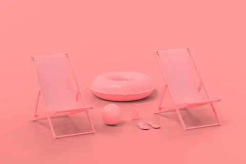 Beach chair with inflatable ring and beach ball on monochrome pink background Illustrazione stock