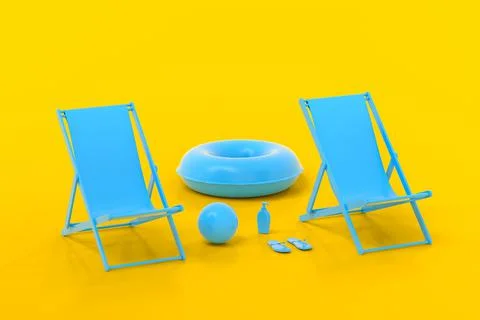 Beach chair with inflatable ring and beach ball on yellow background. Illustrazione stock
