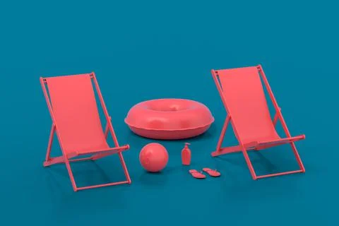 Beach chair with inflatable ring and beach ball on blue background. Illustrazione stock