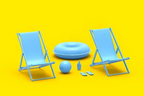 Beach chair with inflatable ring and beach ball on monochrome yellow backgrou Stockillustratie