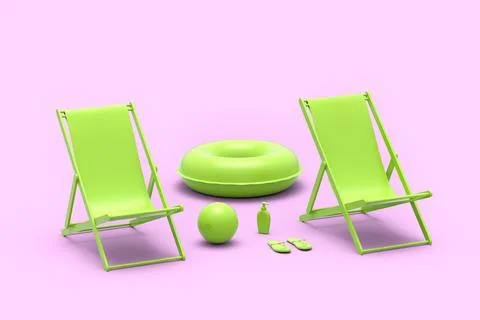 Beach chair with inflatable ring and beach ball on monochrome pink background Illustrazione stock