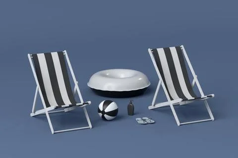 Beach chair with inflatable ring and beach ball on black and white background Stock Illustration