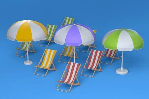 Beach chair with umbrella in a row on blue background. Stockillustratie